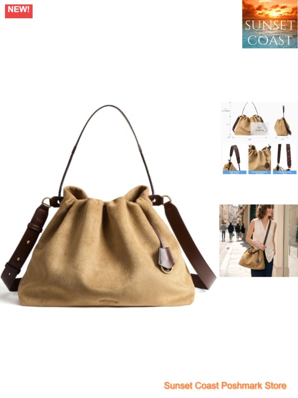 Slouchy Hobo Bag Drawstring Crossbody Shoulder Purse Vegan Leather